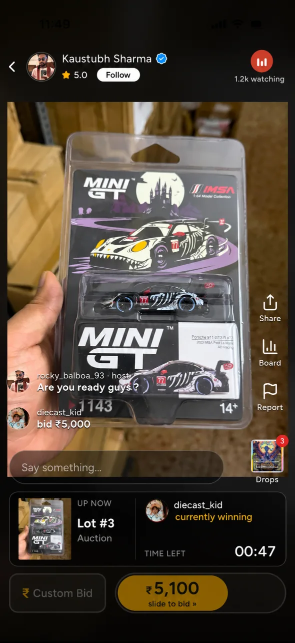 Rarità Drops — a live auction room hosting a Mini GT lot